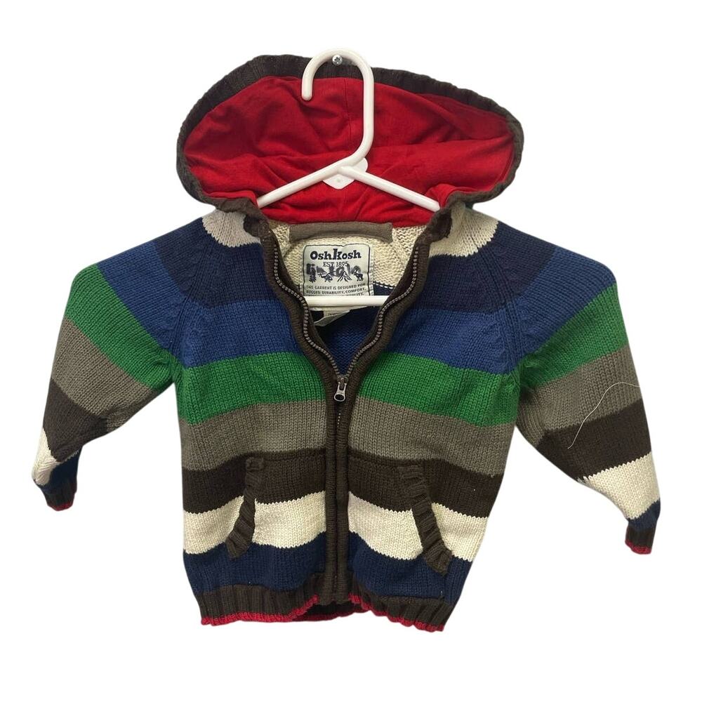Osh Kosh Boys 24 Mos Upcycled Striped Hooded Full Zip Sweater Jacket w Pockets